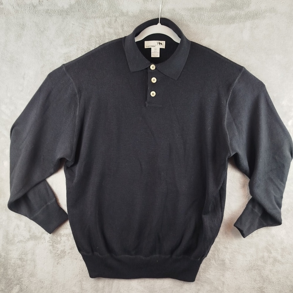 I Levrieri Henley Sweater Black 100% Merino Wool‎ Mens XL Stretch Made in Italy
